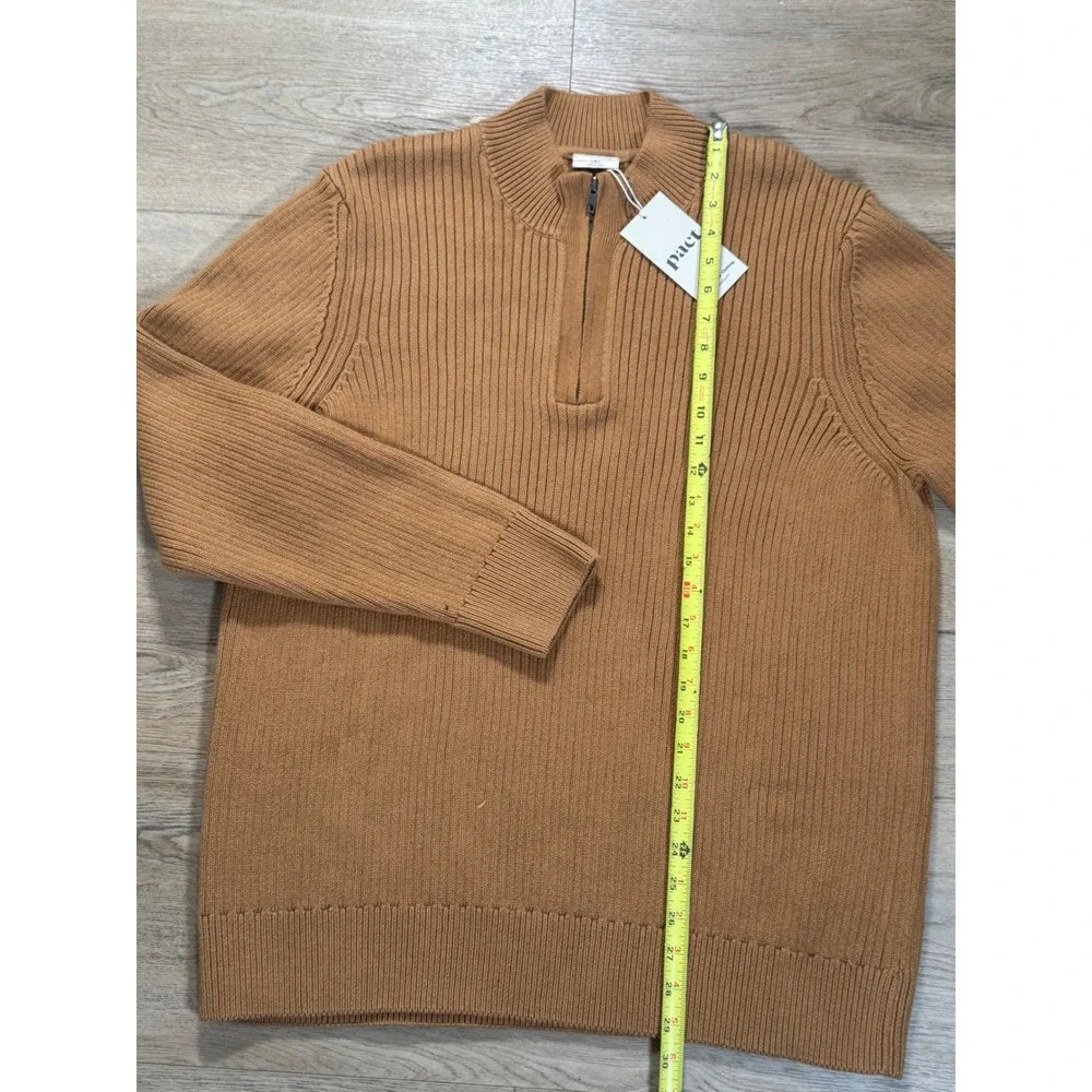Pact Organic Cotton Quarter Zip Ribbed Sweater Mens XL Camel Brown New